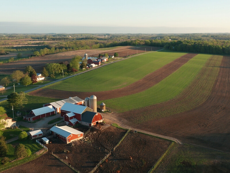 Aerial view of farmland, road and farmhouses